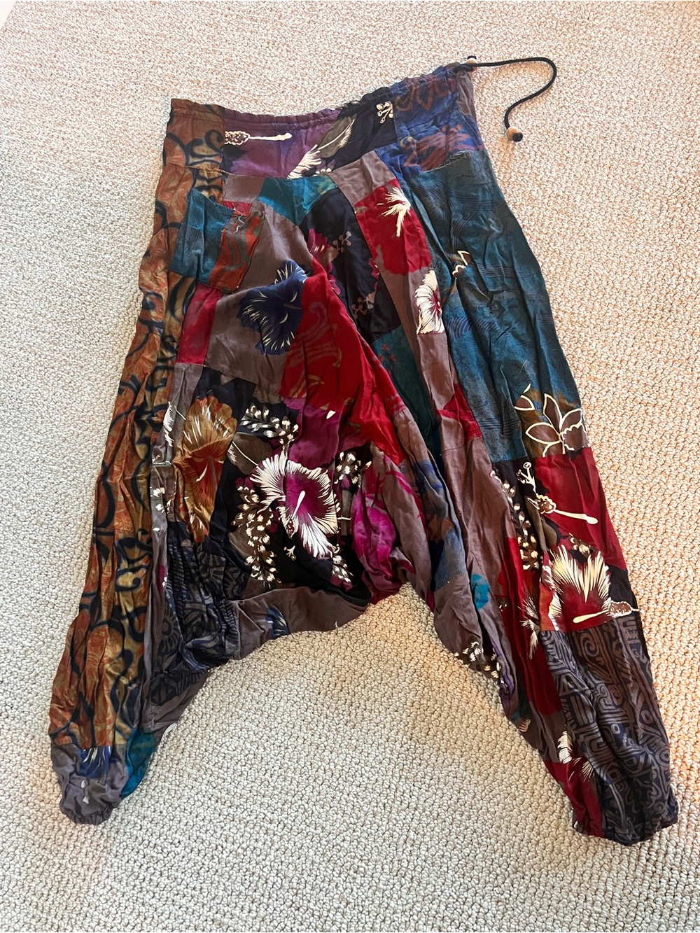 Boho Patchwork Floral Harem Pants in Red, Teal & Brown